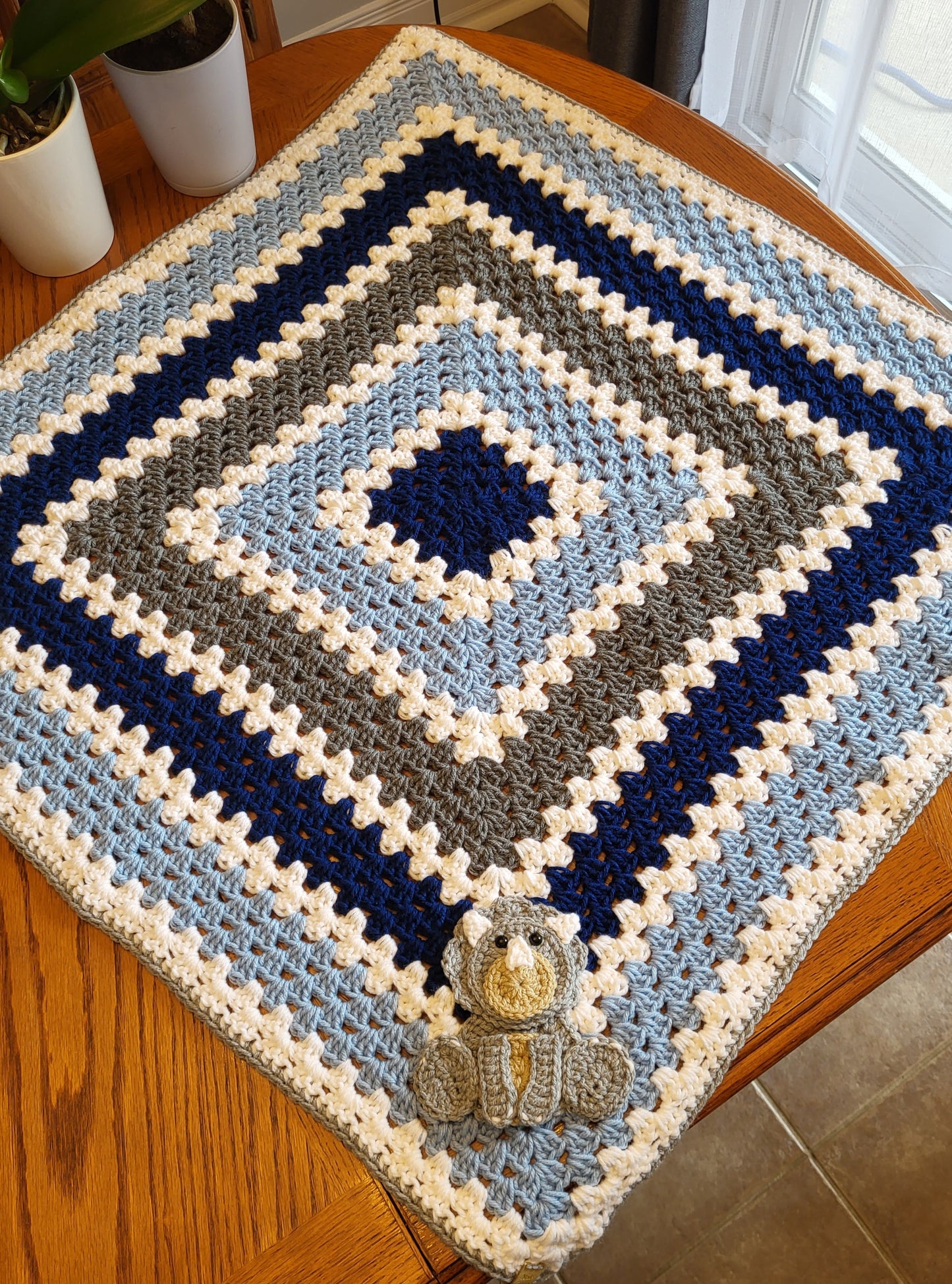 Crochet Baby Blanket -Blue Grey Dinosaur - Made to Order