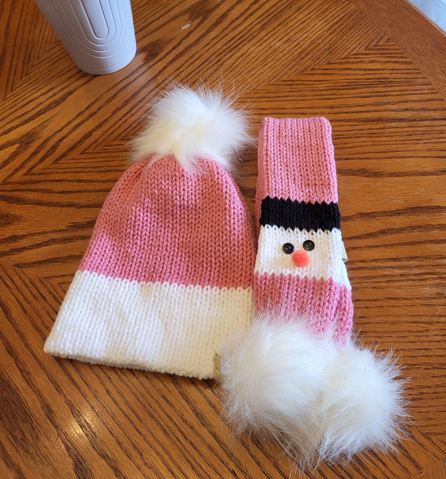 Snowman Hat Double Layered and Snowman Scarf Set - Toddler with pom poms