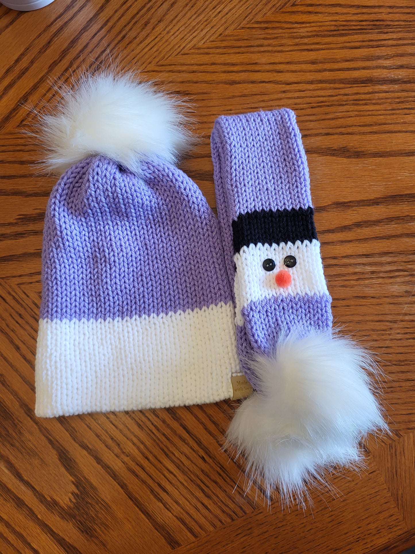 Snowman Hat Double Layered and Snowman Scarf Set - Toddler with pom poms