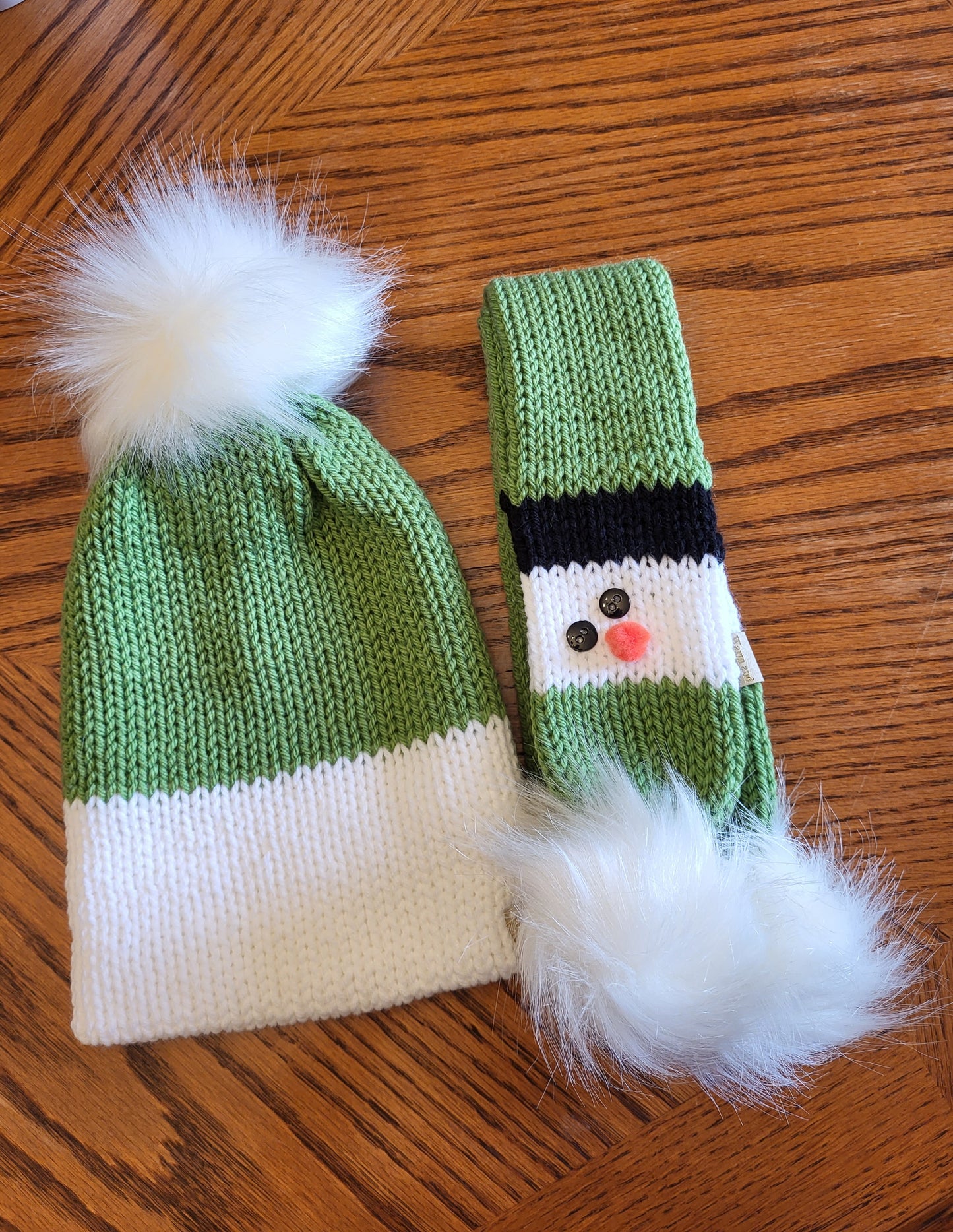Snowman Hat Double Layered and Snowman Scarf Set - Toddler with pom poms