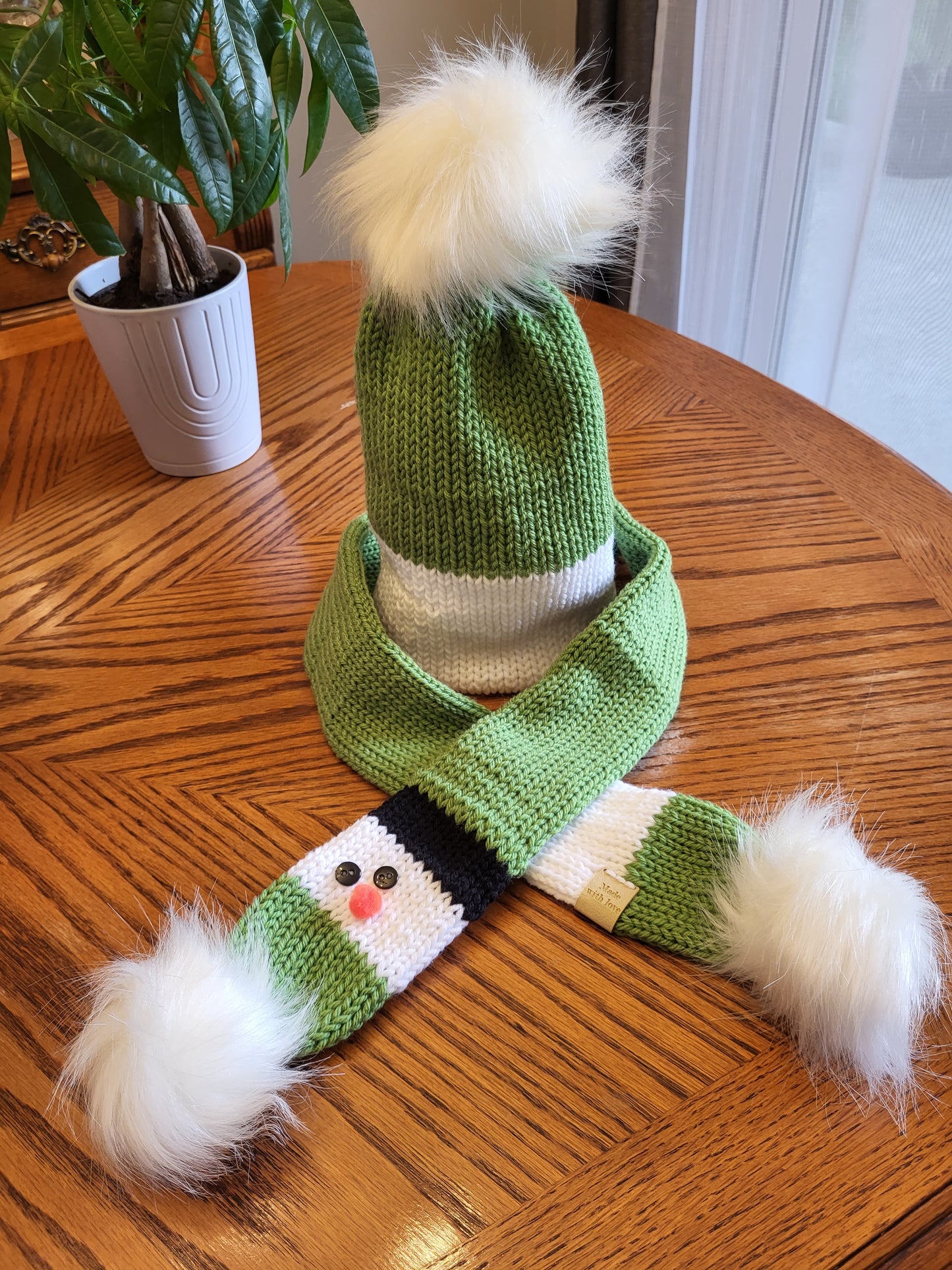 Snowman Hat Double Layered and Snowman Scarf Set - Toddler with pom poms