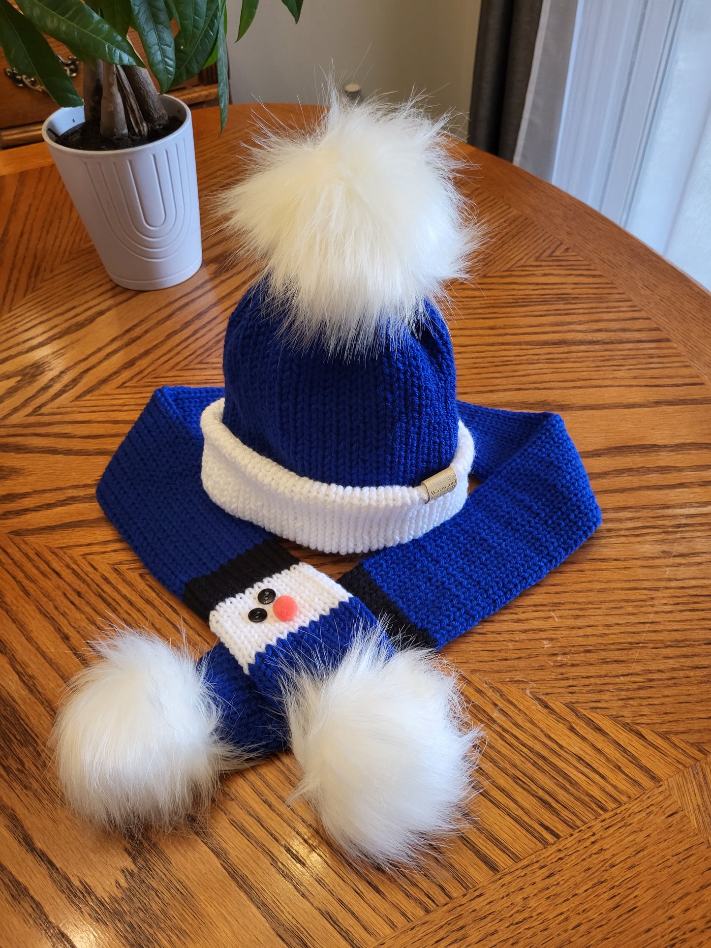 Snowman Hat Double Layered and Snowman Scarf Set - Toddler with pom poms