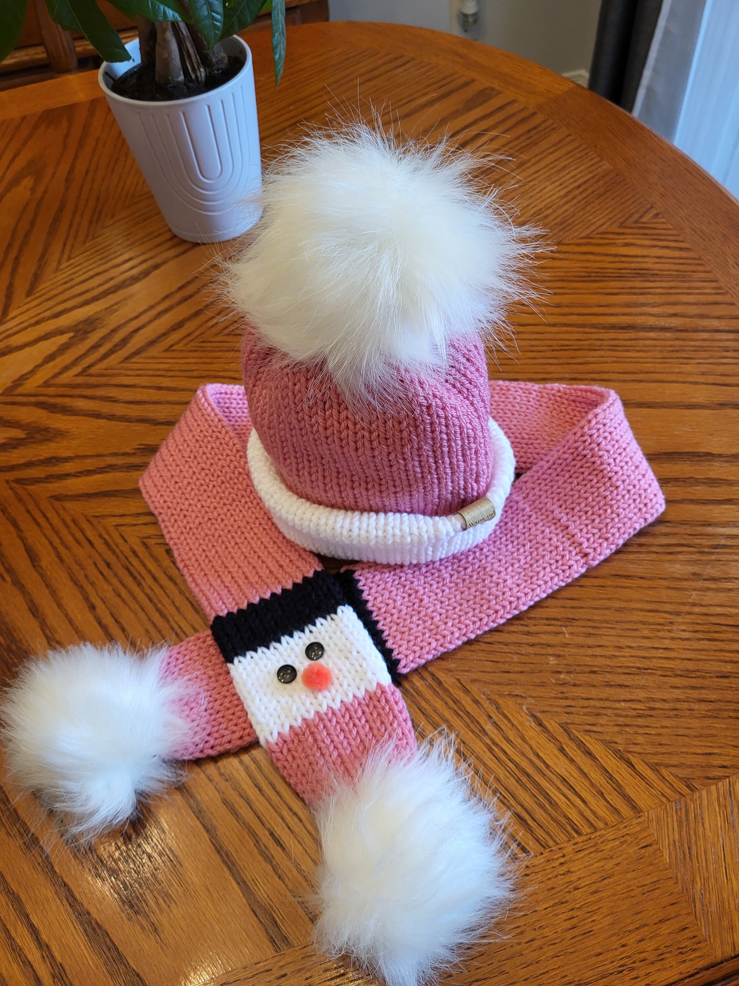 Snowman Hat Double Layered and Snowman Scarf Set - Toddler with pom poms