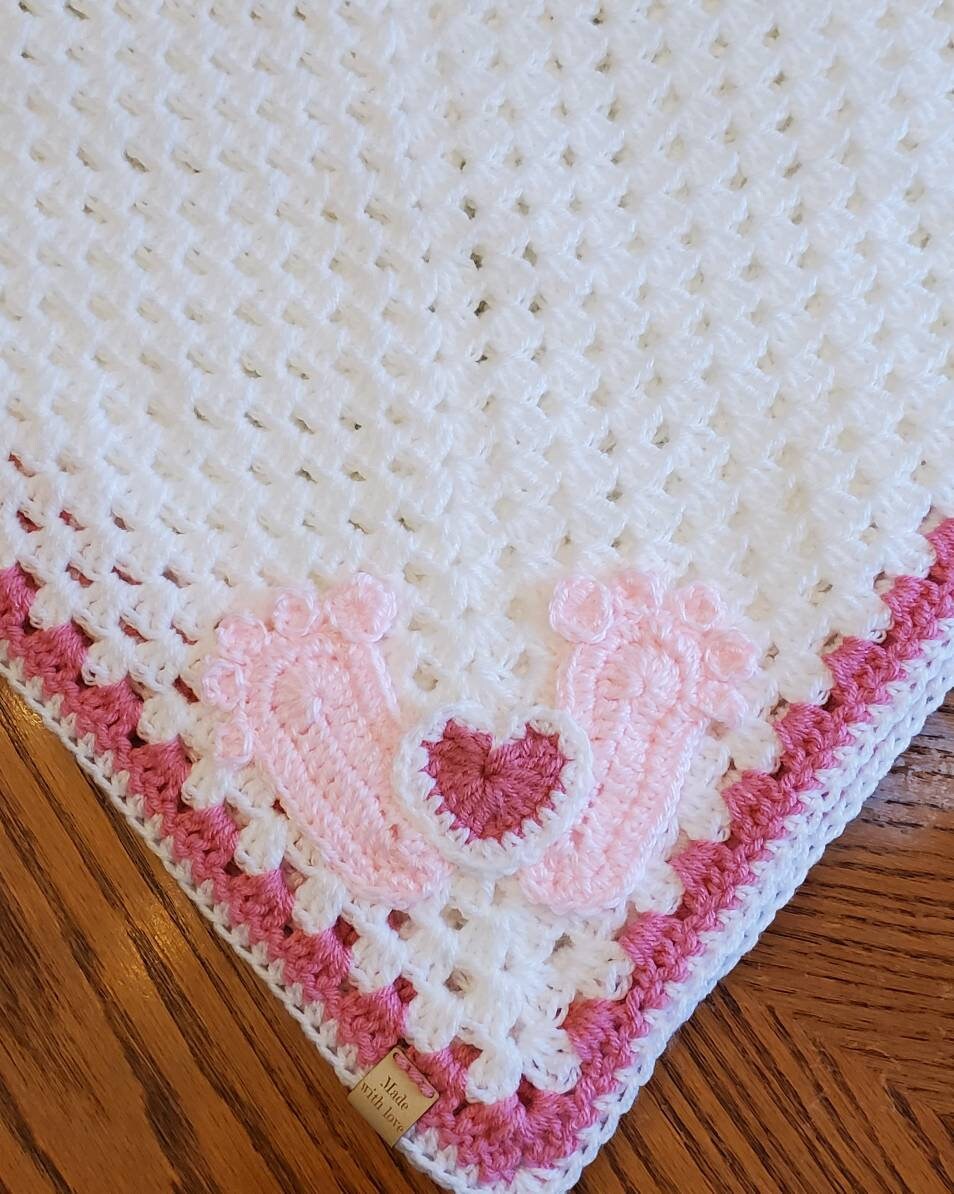 Crochet Baby Blanket - Pink Baby Feet - Made to Order