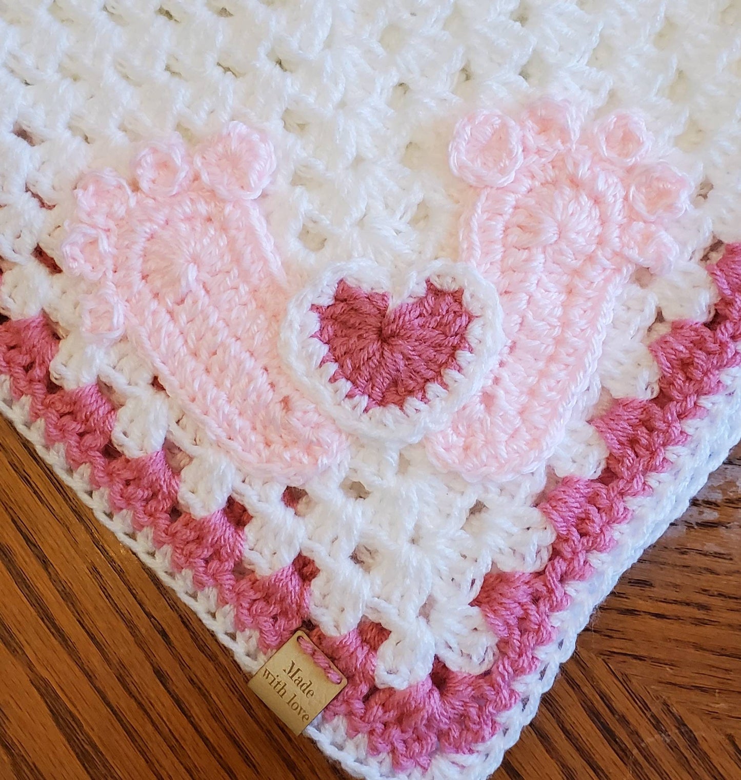 Crochet Baby Blanket - Pink Baby Feet - Made to Order