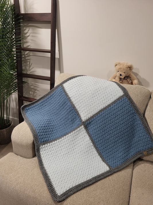 Handmade Crochet Baby Blanket - Blue/Grey - In Stock