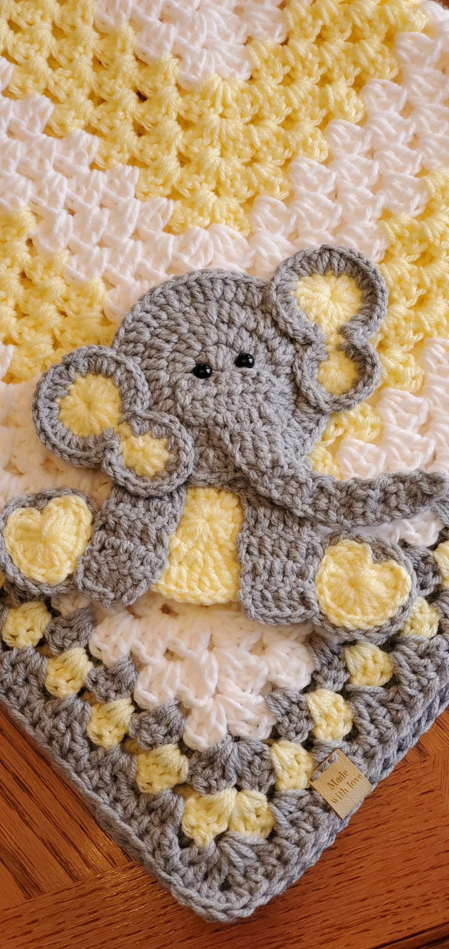 Crochet Baby Blanket - Yellow Baby Blanket - Grey Yellow Elephant - Made to Order