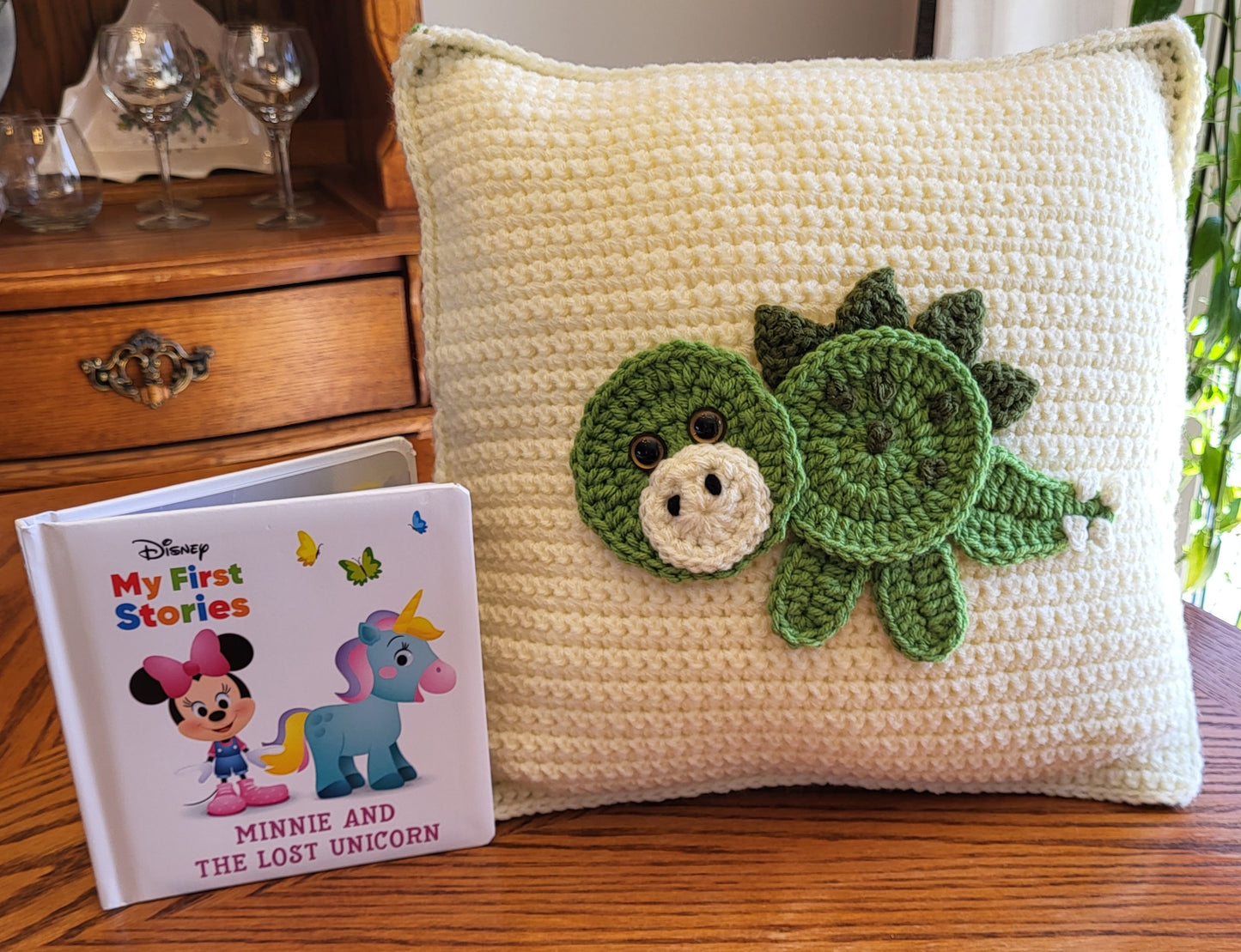 Handmade Crochet Book Pillow, Baby Gift, Dinosaur, Cream/Green