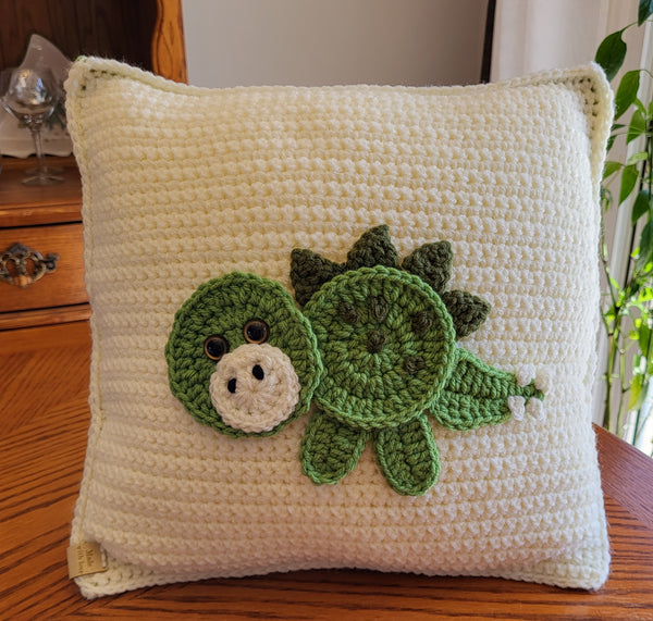 Handmade Crochet Book Pillow, Baby Gift, Dinosaur, Cream/Green