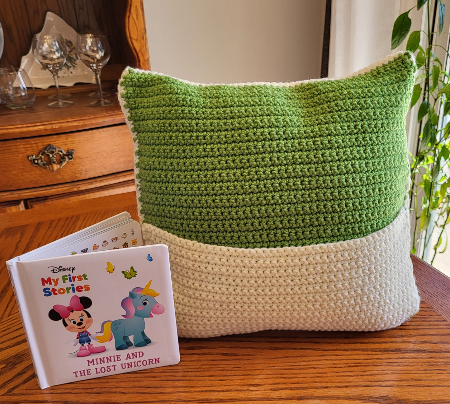 Handmade Crochet Book Pillow, Baby Gift, Dinosaur, Cream/Green