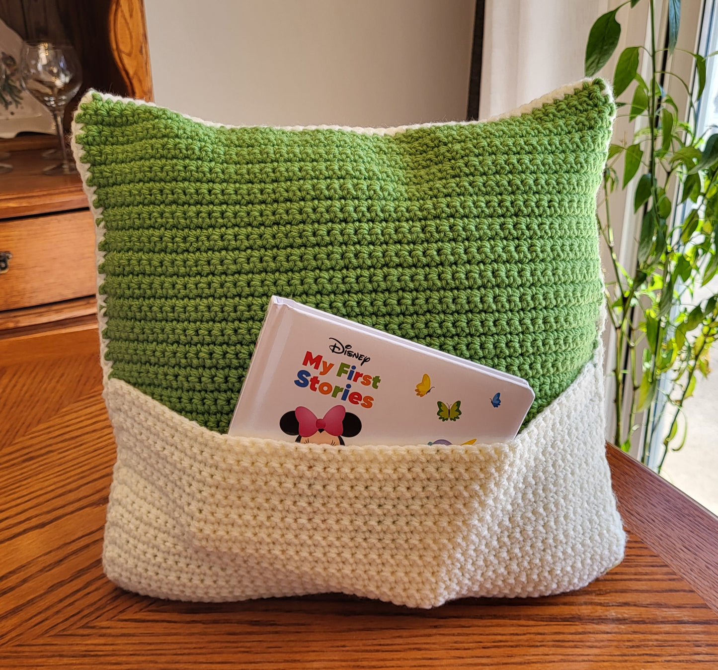 Handmade Crochet Book Pillow, Baby Gift, Dinosaur, Cream/Green