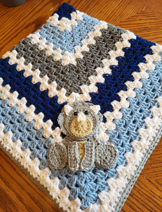 Crochet Baby Blanket -Blue Grey Dinosaur - Made to Order