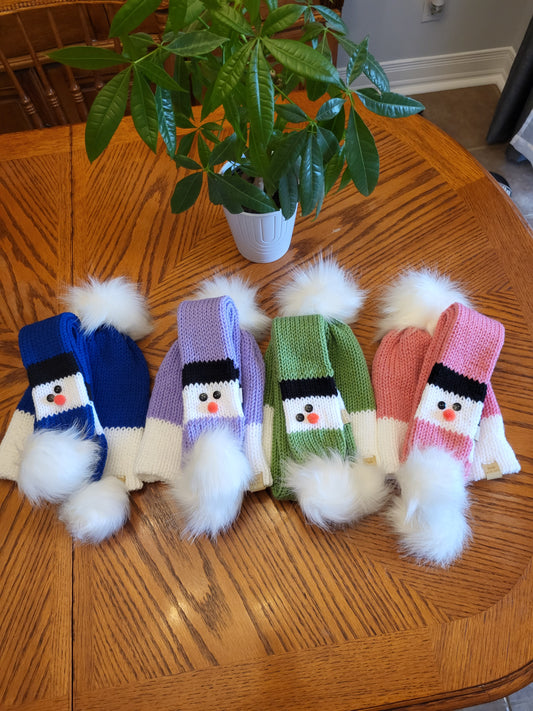 Snowman Hat Double Layered and Snowman Scarf Set - Toddler with pom poms