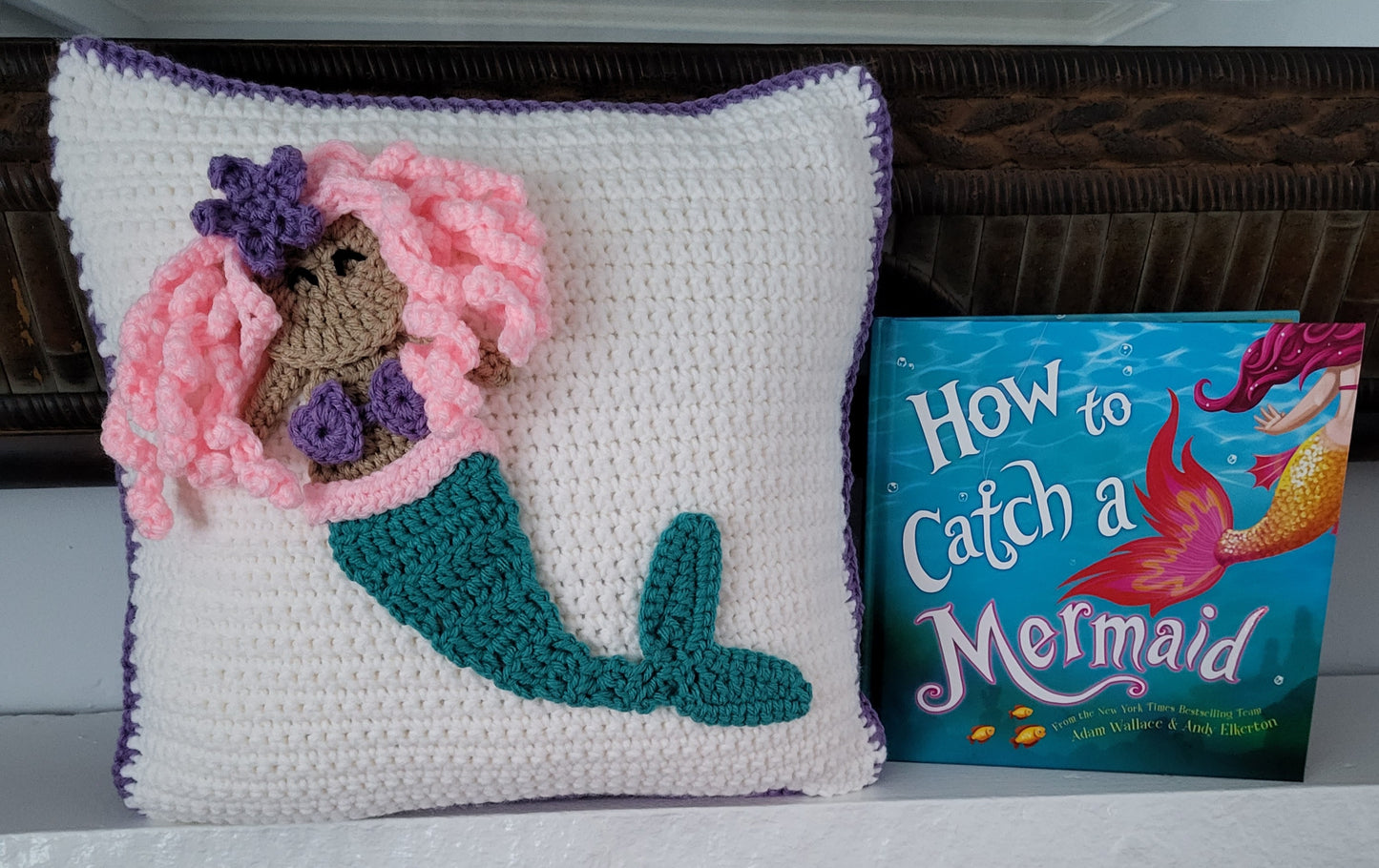 Handmade Crochet Book Pillow, Mermaid, Cream/Purple