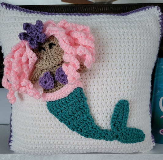 Handmade Crochet Book Pillow, Mermaid, Cream/Purple