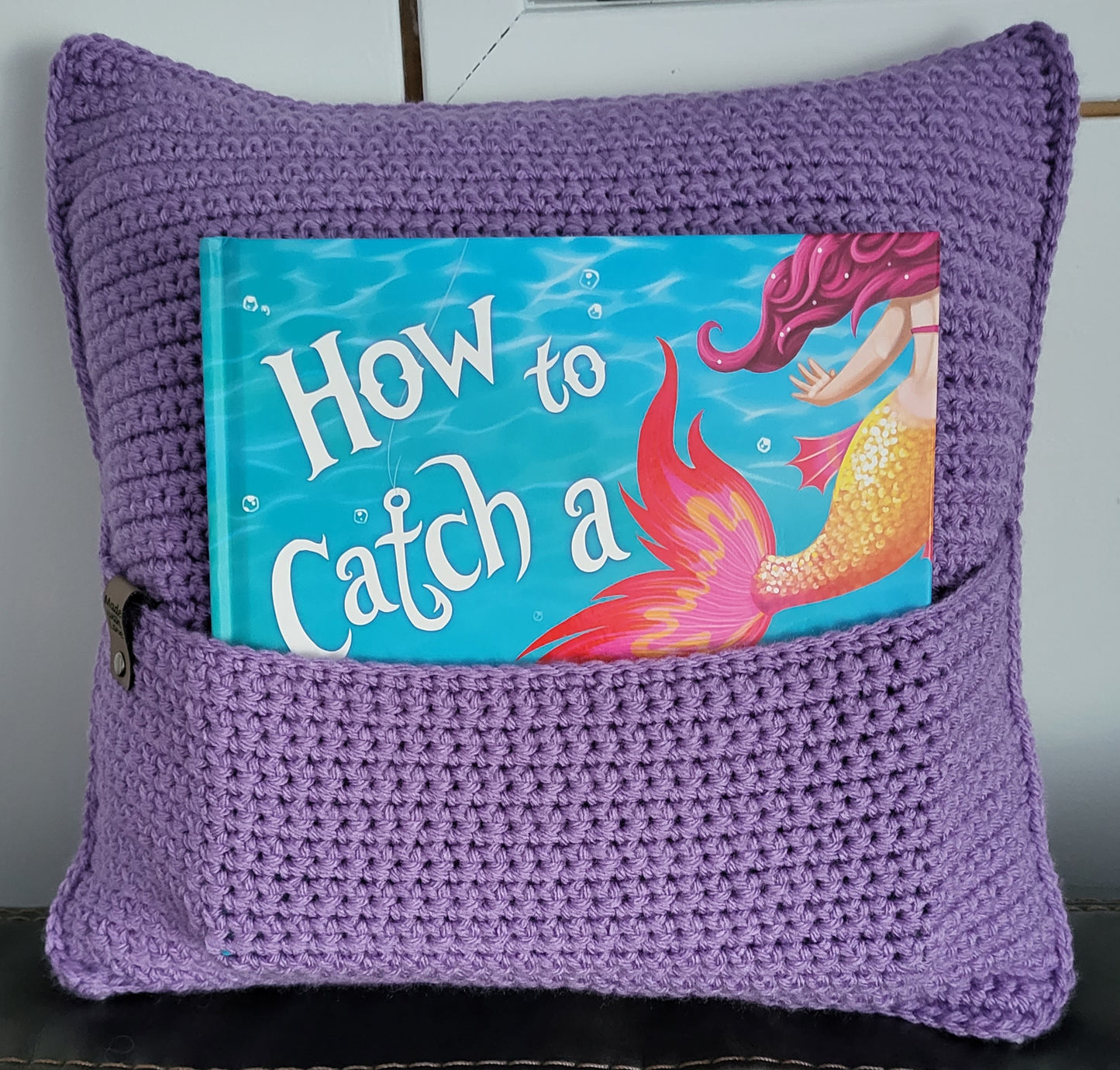 Handmade Crochet Book Pillow, Mermaid, Cream/Purple