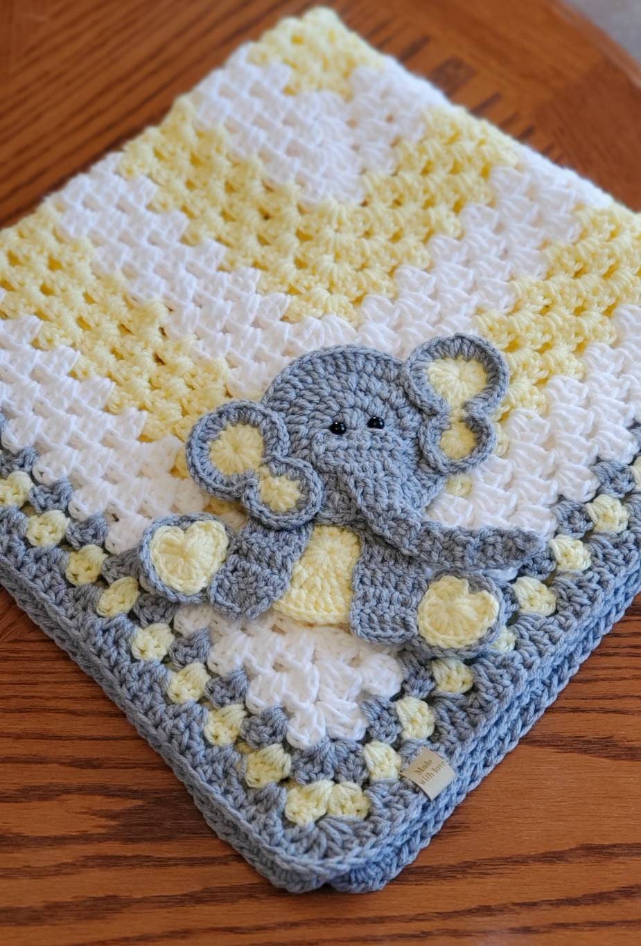 Crochet Baby Blanket - Yellow Baby Blanket - Grey Yellow Elephant - Made to Order