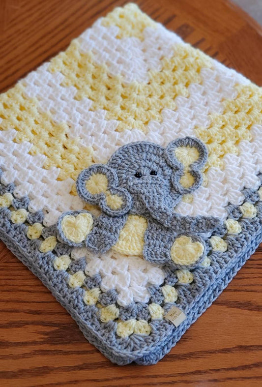 Crochet Baby Blanket - Yellow Baby Blanket - Grey Yellow Elephant - Made to Order